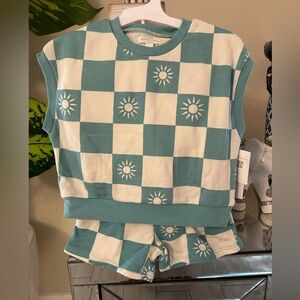 Green and White Checkered Sleeveless Top and Shorts Set